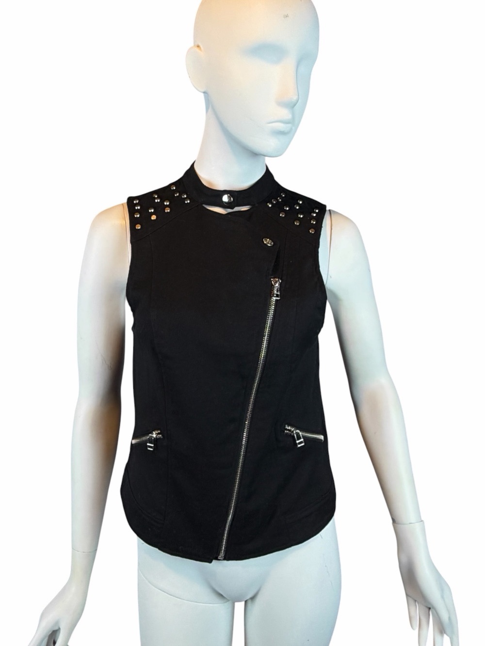 Rock & Republic Womens Black Studded Moto Biker Full Zip Vest Size M Linen